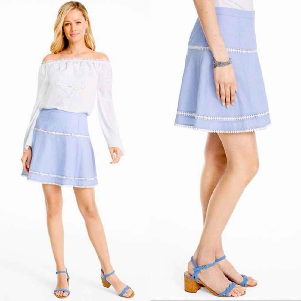 White House | Black Market Chambray Blue Skirt • Embroidered Trim • NEW size 2